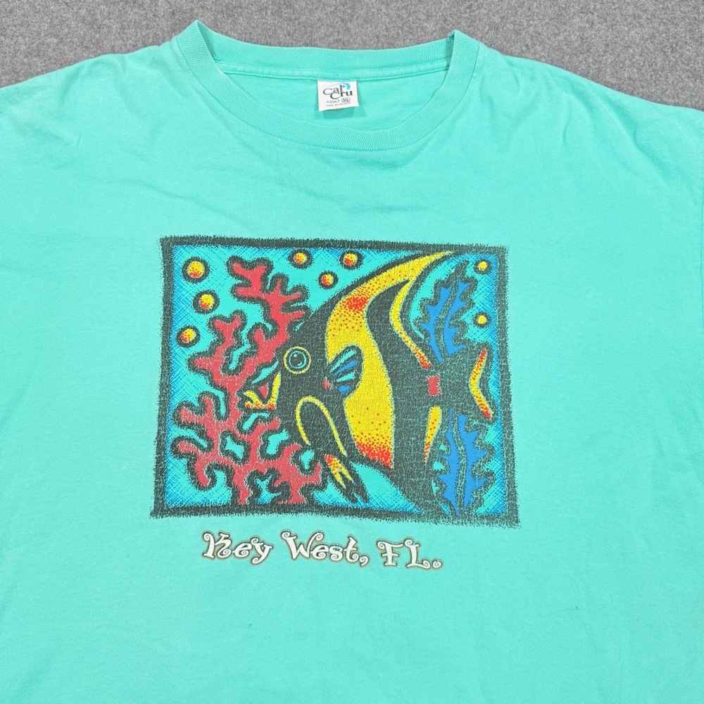 Vintage Cal Cru Key West Florida Angelfish Graphic T-Shirt Teal XL Single Stitch